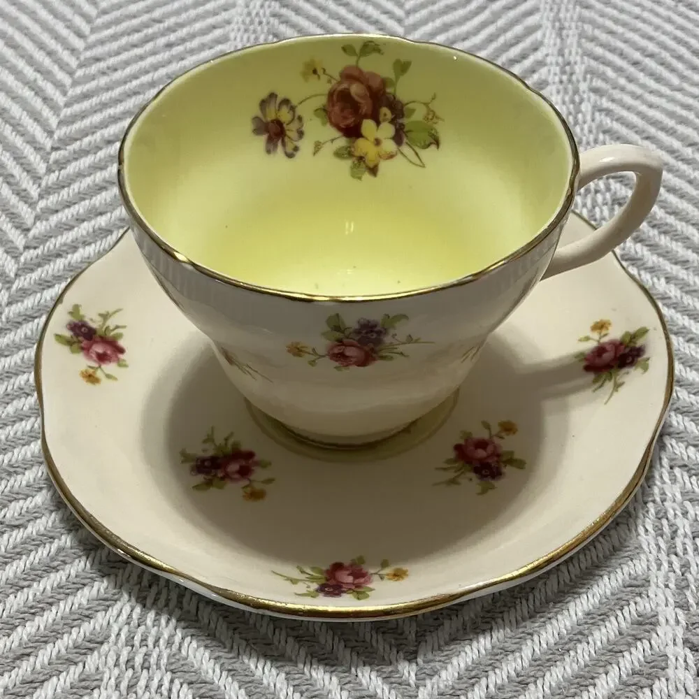 Foley Bone China Rosette Pink and Biqsue Teacup and Saucer Set Yellow Interior